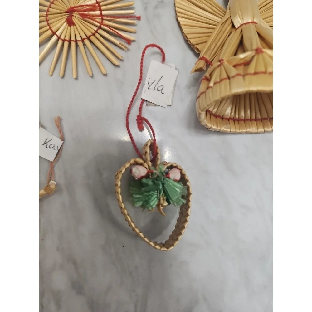 Straw Vintage Set Primitive Hand Made Ornament Christmas Stars & Angel Set Of 5